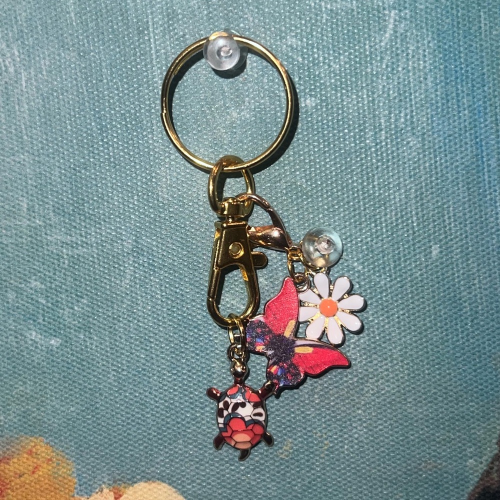 BRAND NEW Red Turtle & Flower Multicolor Keychain